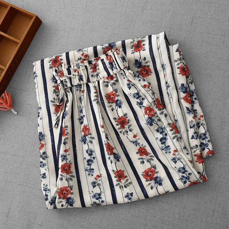 2025 summer new retro red floral wide-leg casual pants women's loose and thin vertical straight light and long pants