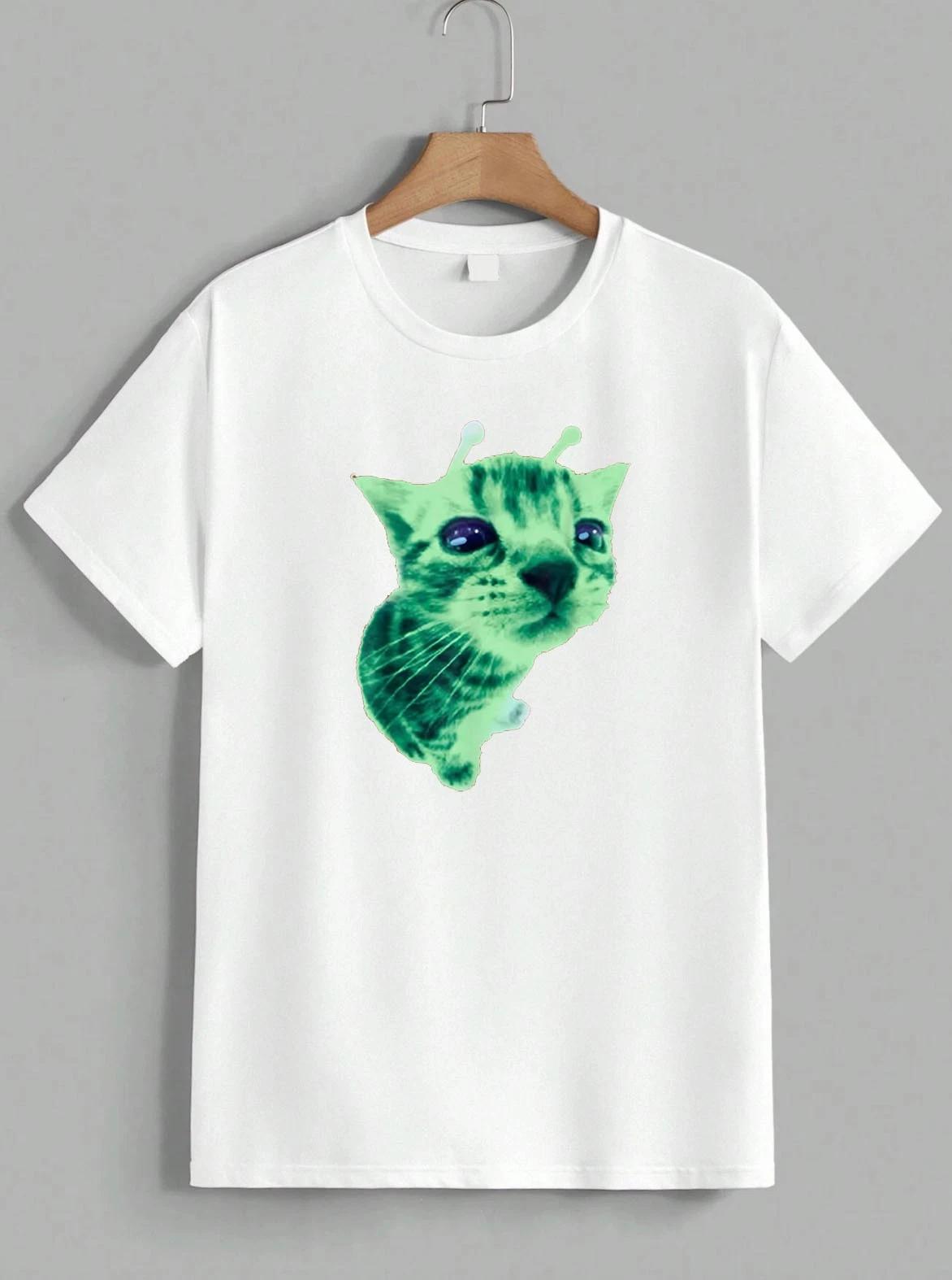 Alien Cat Green Extraterrestrial Funny Kitten Cat Meme Graphic T-Shirt Unisex XXXXL