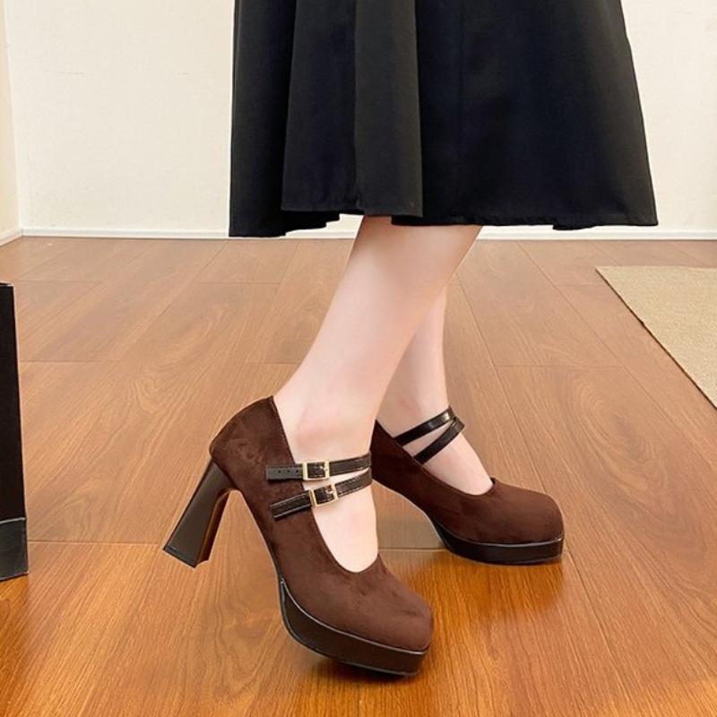 Women's Shoes High Heels 2026 New Spring and Autumn Square-headed Button with Thick Heel