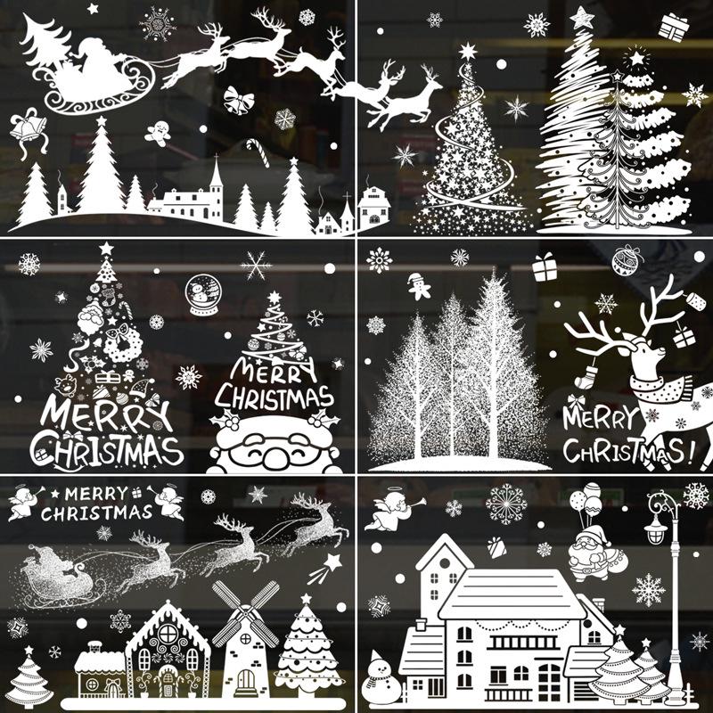 Christmas Tree & Reindeer White Window Clings - Festive Static Decals for Shopping Malls
