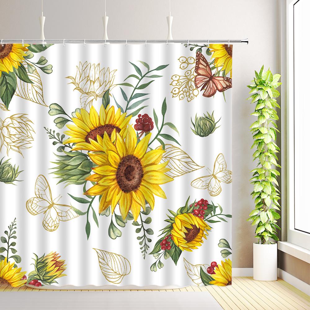 

Sunflower Blue Truck Shower Curtain Rustic Farmhouse Highland Cattle Daisy Floral Butterfly Bathroom Decor Fabric with Hooks 35x70inch-90x180cm