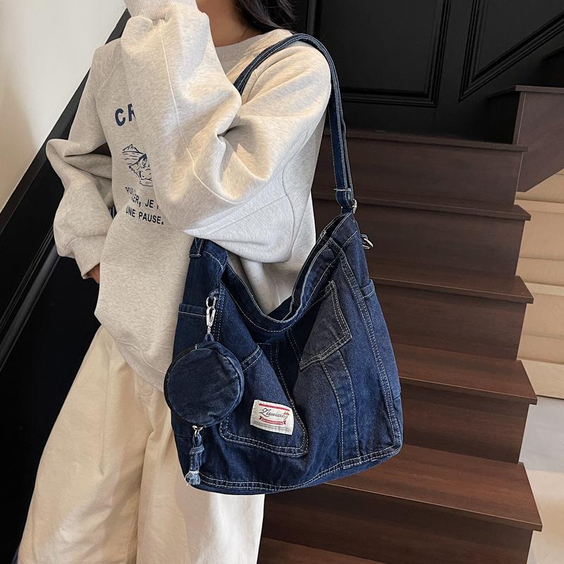 Large capacity denim bag women's new trendy fashion commuter big bag tote summer versatile messenger bag