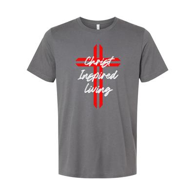 Christian Cross Graphic T Shirt Featuring Christ Inspired Living Script Overlay