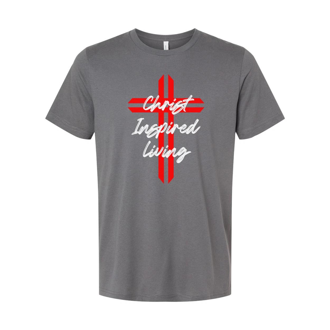 

Christian Cross Graphic T Shirt Featuring Christ Inspired Living Script Overlay L