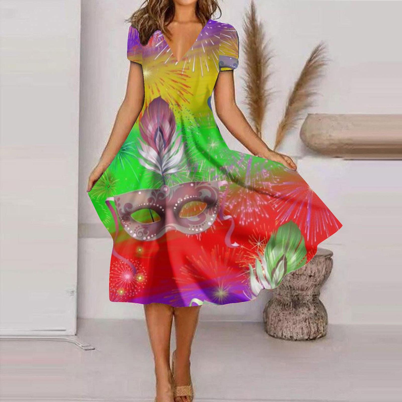 

Женское летнее повседневное модное свободное платье с коротким рукавом и v-образным вырезом с принтом XL разноцветный