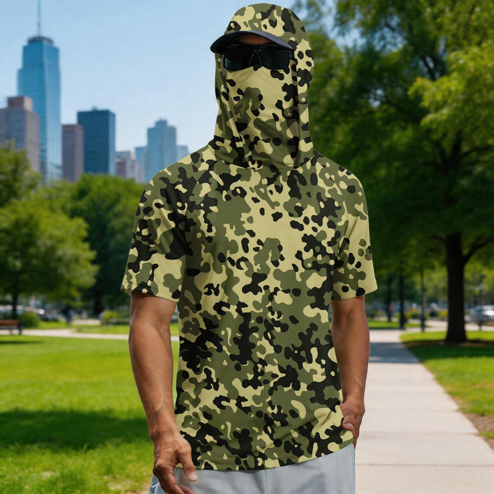 

Men s summer camouflage gradient drying short-sleeved T-shirt, sun clothing, fishing, fitness, sports, hooded short-sleeved shirt S бежевый