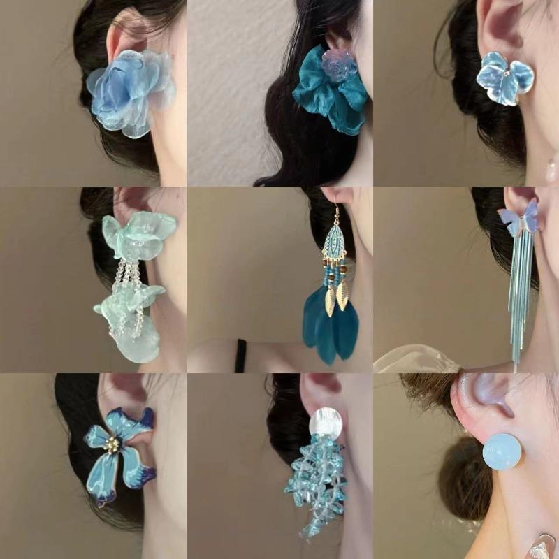 Silver needle blue butterfly oil-dip diamond-inlaid stud earrings, artistic and fresh style, fashionable and luxurious, high-end earrings