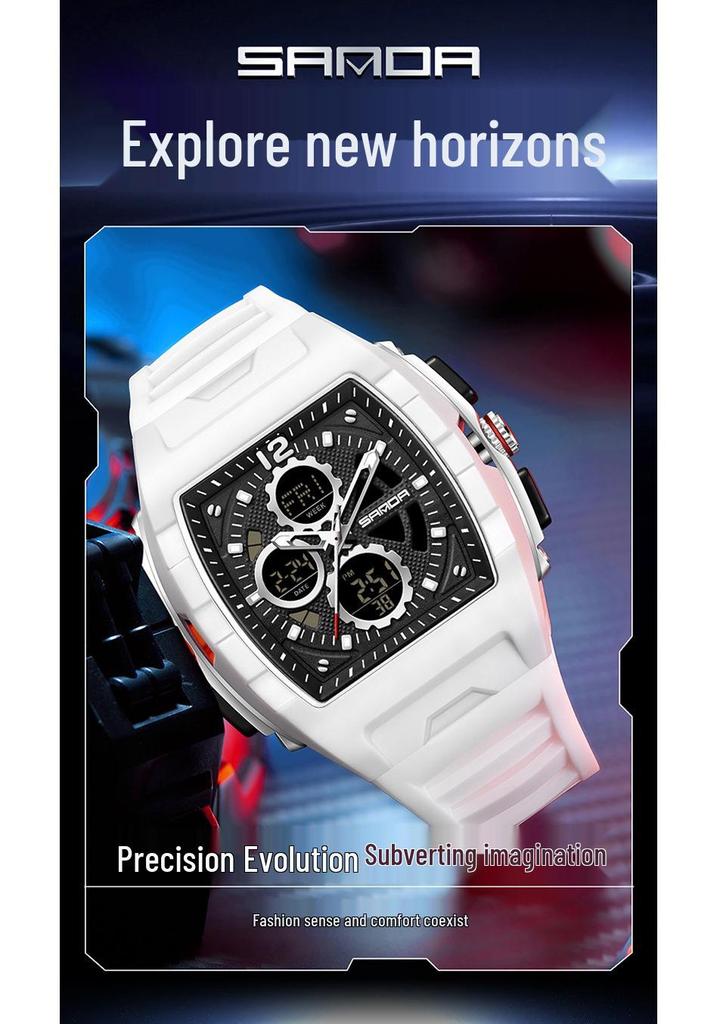 Sanda Men's Sports Barrel-Shaped Luminous Countdown Watch with Triple Time Zone and Dual Display, Waterproof Design.
