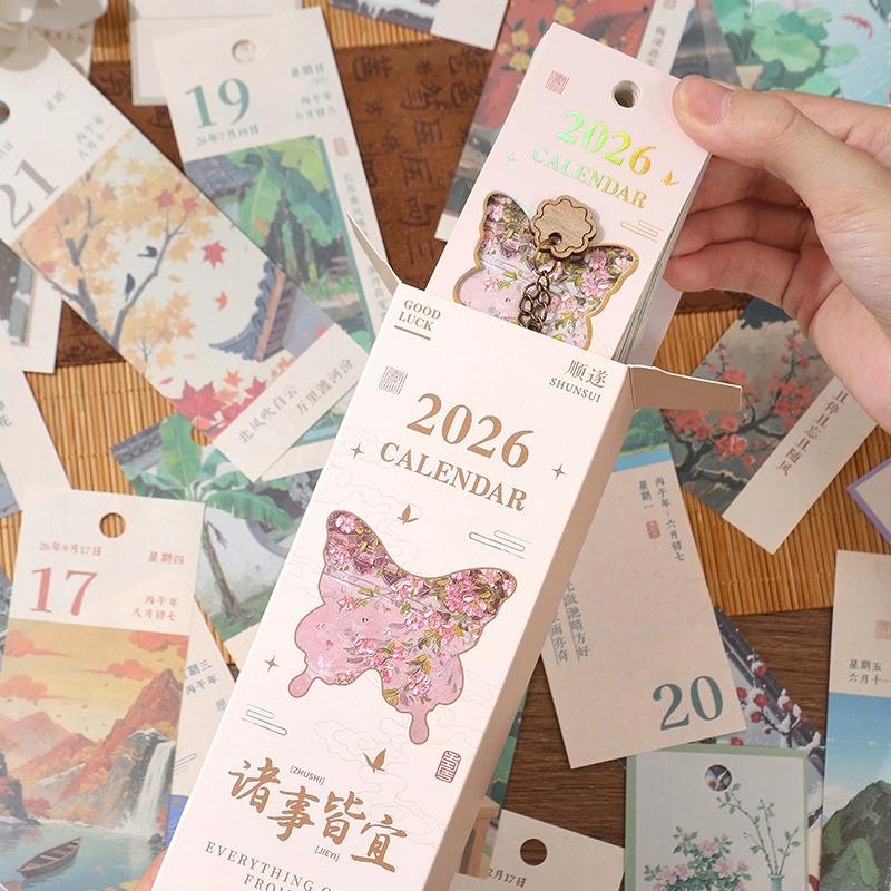 2026 Desk Calendar With Gold Ring Binding 365 Days Vintage Oil Painting Inspirational Quotes One-Way Page Turn Daily Planner