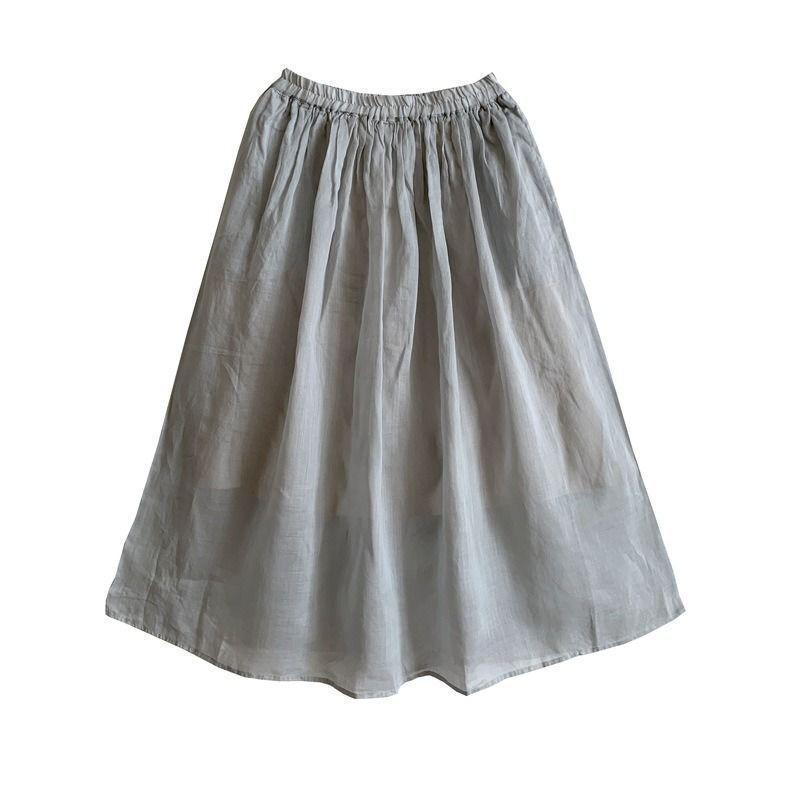 2024 Women's Summer Hanfu Mid-Length Skirt - Retro Cotton/Linen, Hip-Covering, High-End Solid Color Design