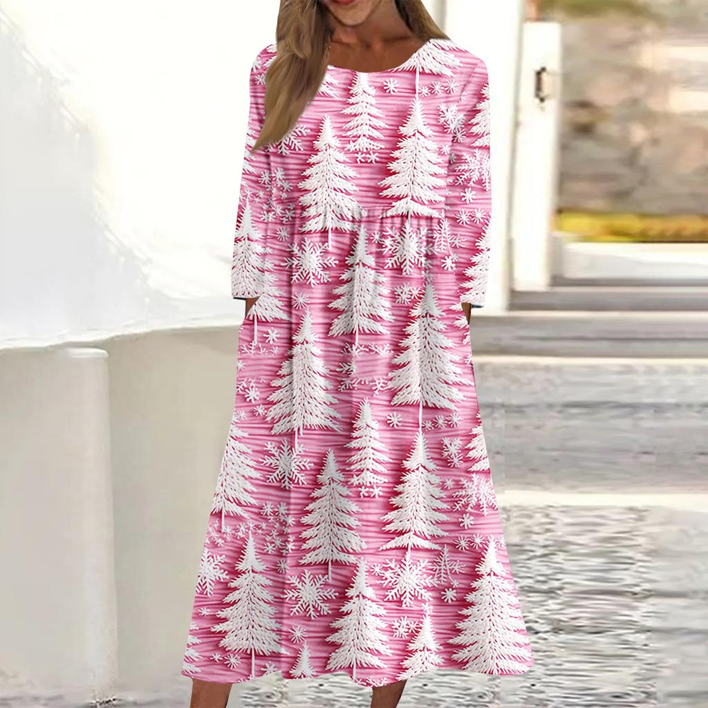 Női alkalmi kerek nyakú karácsonyi mintás midi ruha hosszú ujjú zsebes ruha
