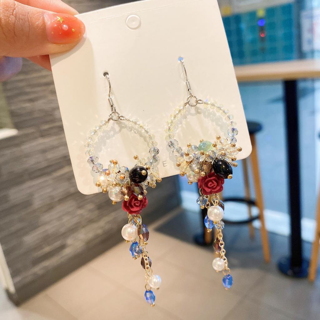 Bohemia Statement Earrings Rhinestone Flower Beads Tassel Ear Accessories