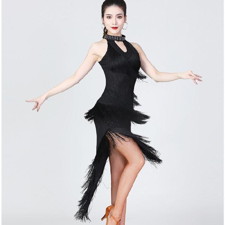 Glittering Latin Dance Dress Asymmetrical Sequins Fringe Performances Costume Breathable Polyester Stage Outfit