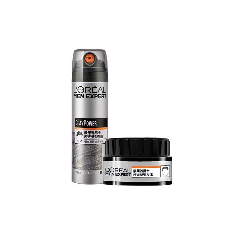 Loreal Paris Men s Cleansing Long-lasting Styling + Mens Matte Hair Clay Spray Set - Matte Shaping Spray 200ml Matte Hair Clay 70g