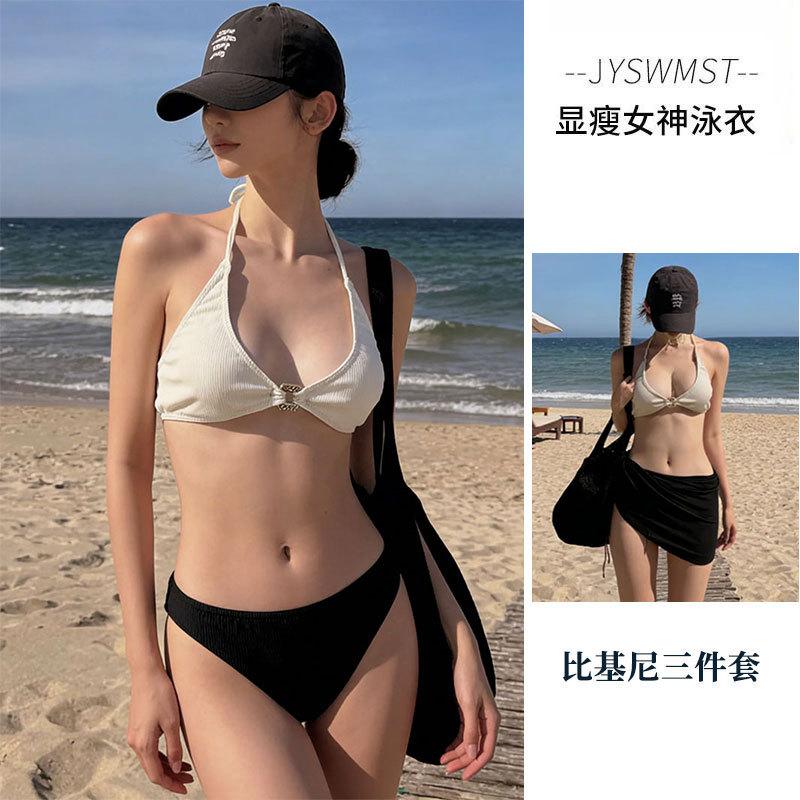 Solid Color Bikini Swimsuit Women's 1011 New Three-piece Set Sexy Contrasting Color Size Chest Gathering Hot Spring Beach Swimsuit