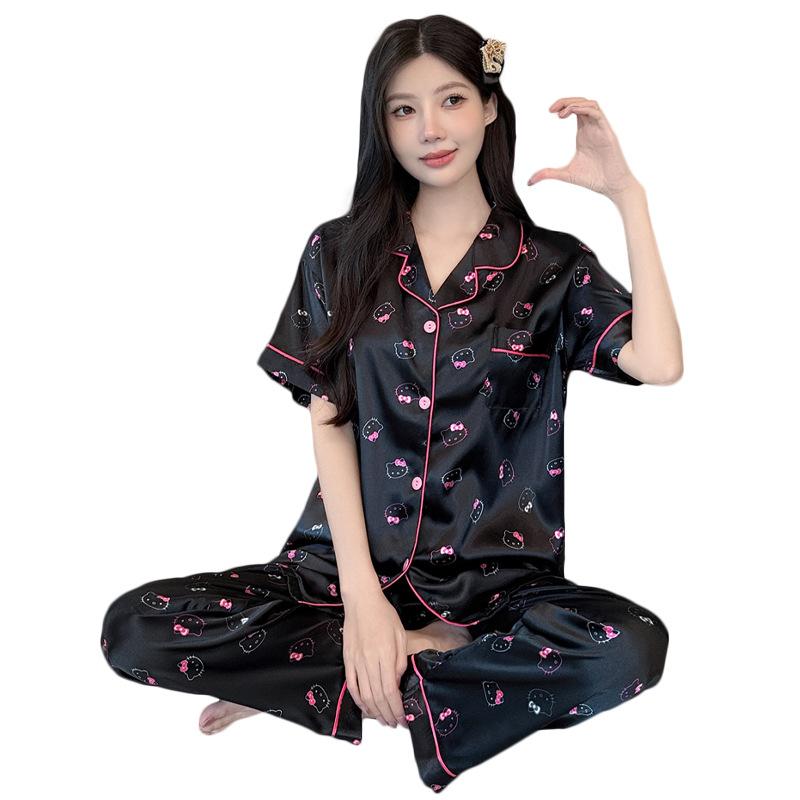 Sweet And Cool Girl Wind Ice Silk Pajamas Women'S Summer Short-Sleeved Trousers Comfortable Loungewear