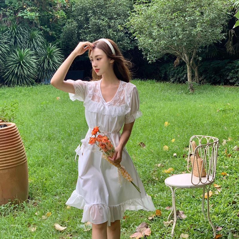 Gentle Dress for Women In Summer Japanese Soft Girl Sweet Bow Round Neck Mesh Short Sleeve White Midi Skirt