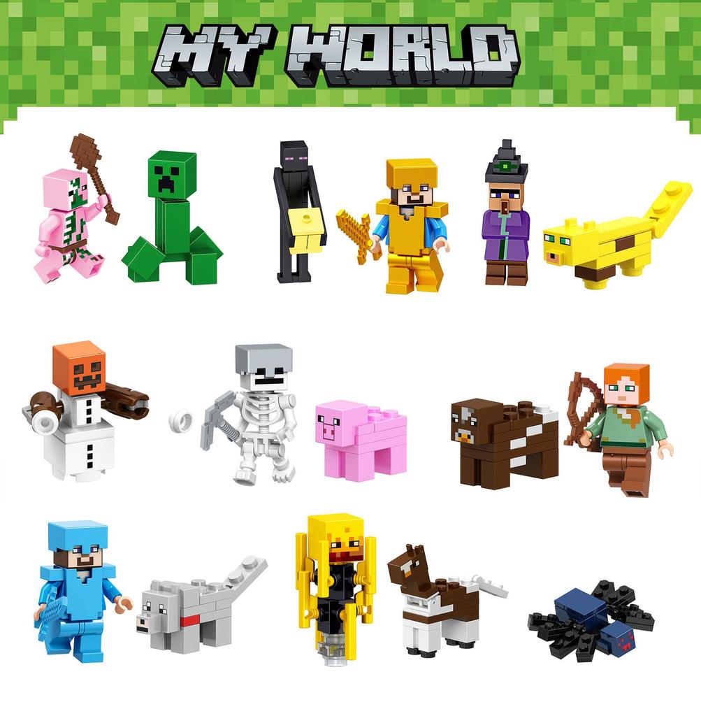 Minecraft Minifigure Set: Block Mechanism, Cave Light, Treehouse, Warhorse, Ocelot, Village Windmill Town