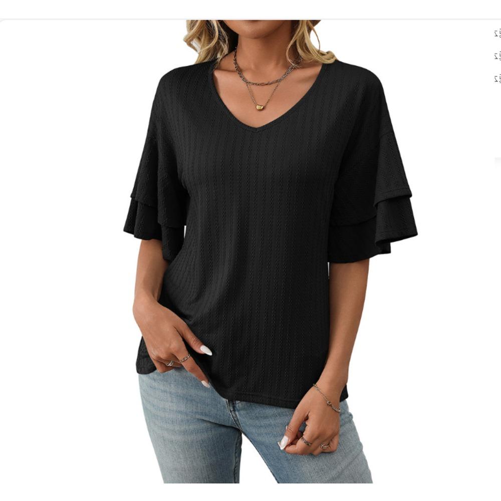Summer new solid color V-neck ruffle sleeve short sleeved T-shirt top for women