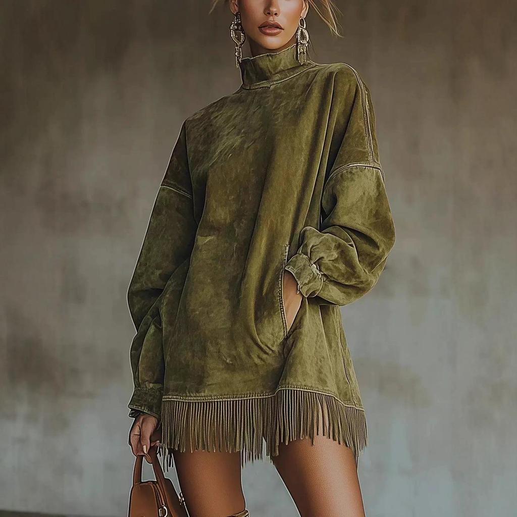 2025 Suede Tassel Dress: High Neck, Loose Fit, with Pockets for Autumn/Winter