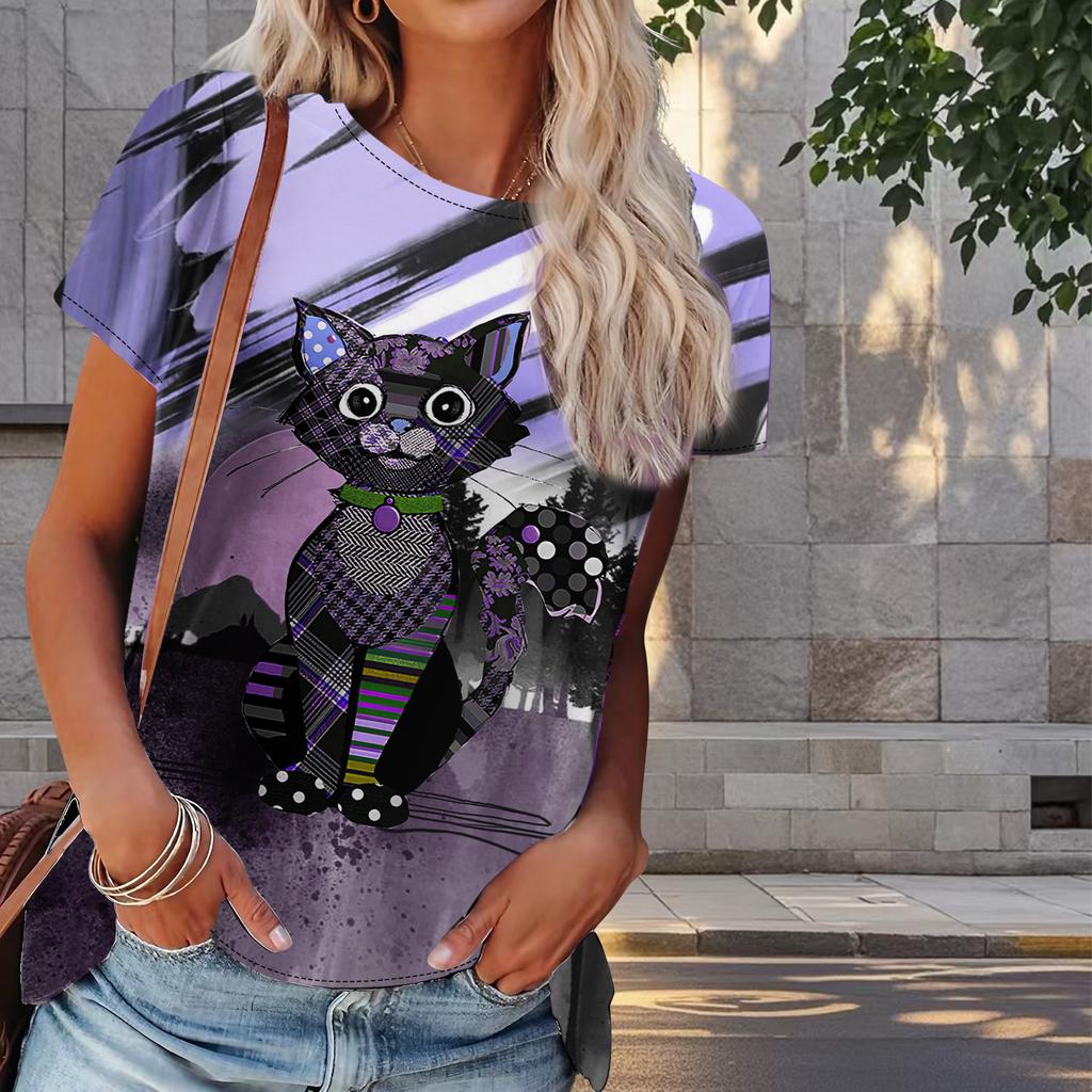 Damen Sommer T-Shirt Katzenprint Retro Mode Kurzarm T-Shirts Lässig Bedruckte Oberteile