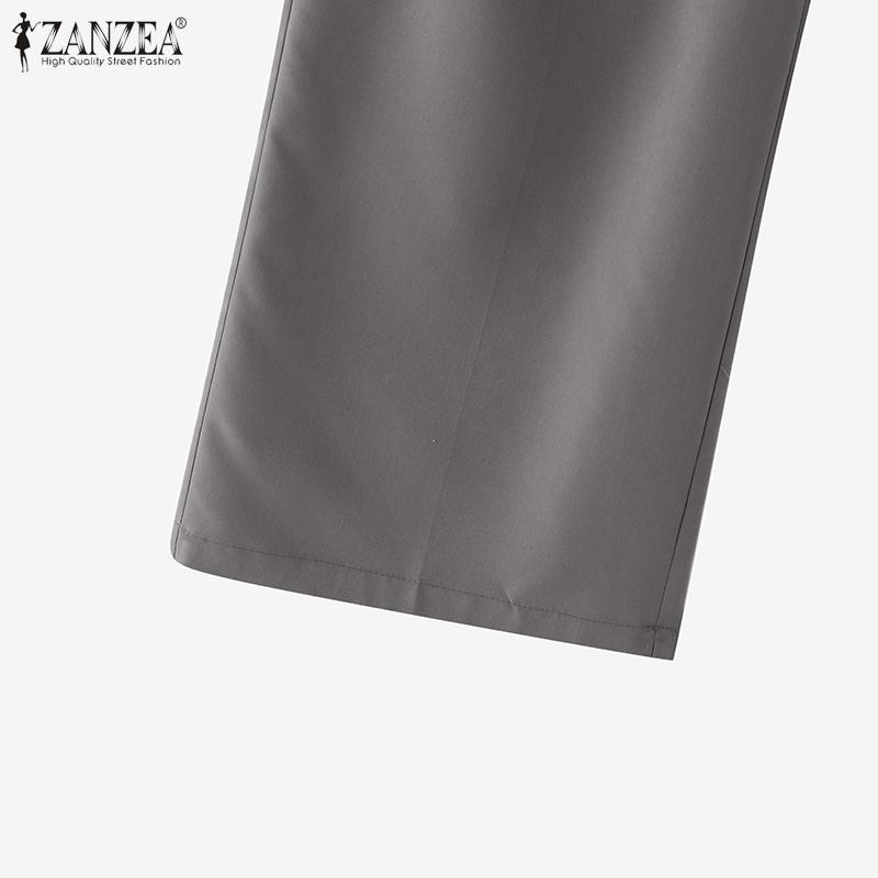 ZANZEA Women Summer Elastic Waist Solid Color Pleated Wide Leg Pants