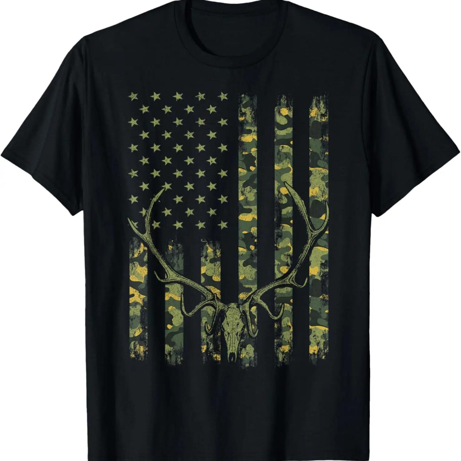 

Hunter Deer Skull US Flag Camouflage Shirts, Men s Hunting T-Shirt XXXXXL чорний