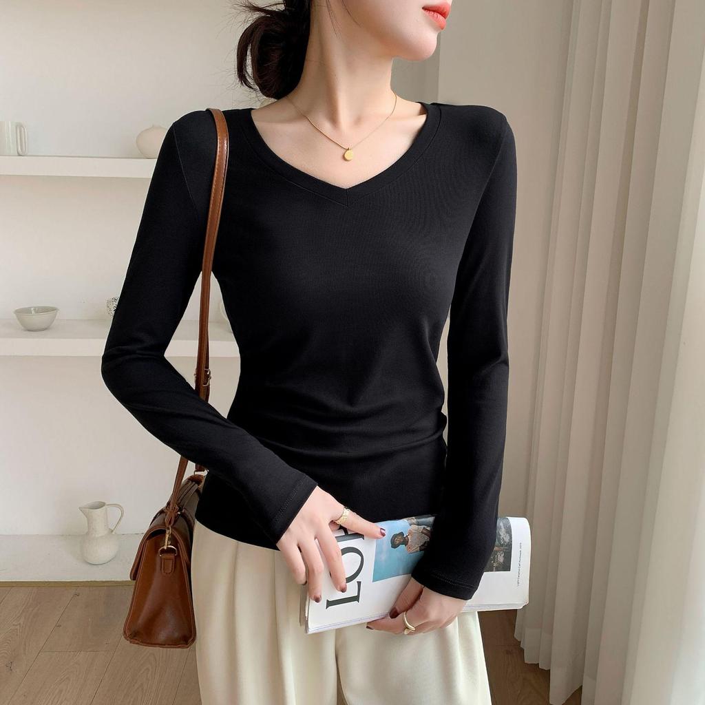 Women's Slim Fit V-Neck Ribbed Long-Sleeve Top for Autumn/Winter