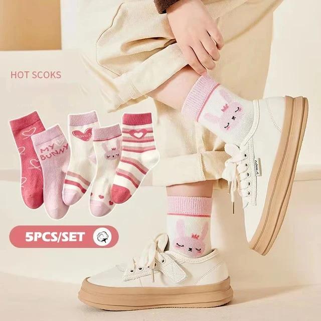 5 Pairs Kids Cotton Socks Spring Autumn Mid Length Soft Comfortable Cartoon Boy Girl Breathable Student Socks