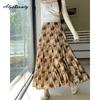 Korean Fashion Spring Summer Women Maxi Long Skirt High Waist Coffee Gray Floral Printed Skirts Womens Elegant Ruffles Vintage Feminine Skirt
