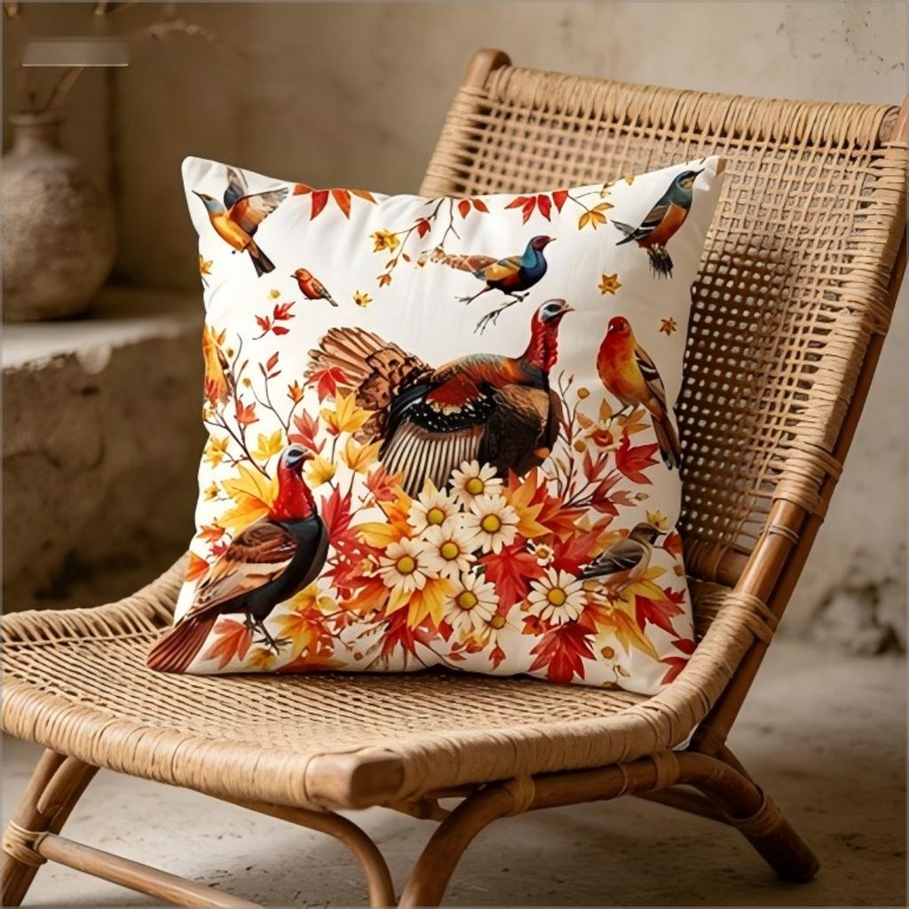 Fall Turkey & Birds Print Throw Pillow Cover, Autumn Maple Leaf Floral Decorative Cushion For Sofa Couch