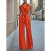 Dames mouwloze wijde pijpen jumpsuit knoopsluiting overhemdkraag hoge taille strikceintuur casual zomer romper