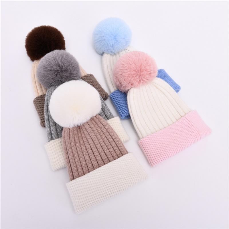 Children's rabbit velvet knitted hat double-match color soft cute outdoor wool hat warm real raccoon fur ball removable