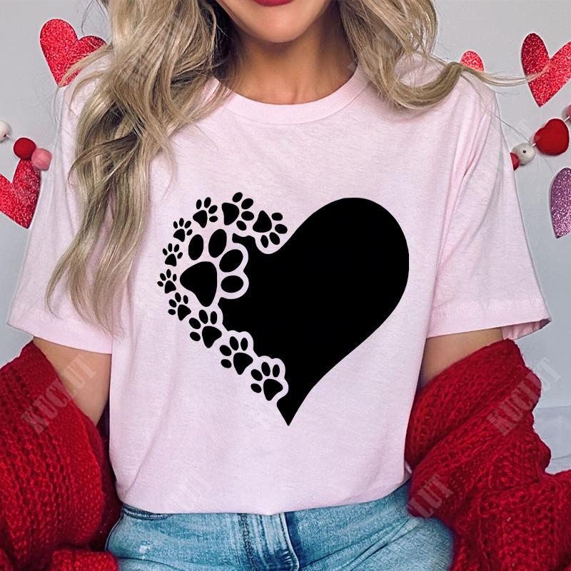 Funny Heart  Dog Paw Print Women Tshirts Fashion Summer Ladies Tshirts Short Sleeves Clothes Love Heart Fashion Casual Shirts