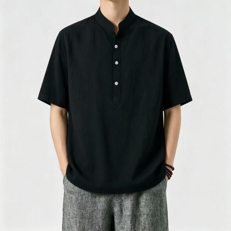 Mens Chinese Style Cotton Linen Stand Collar Short Sleeve Shirt