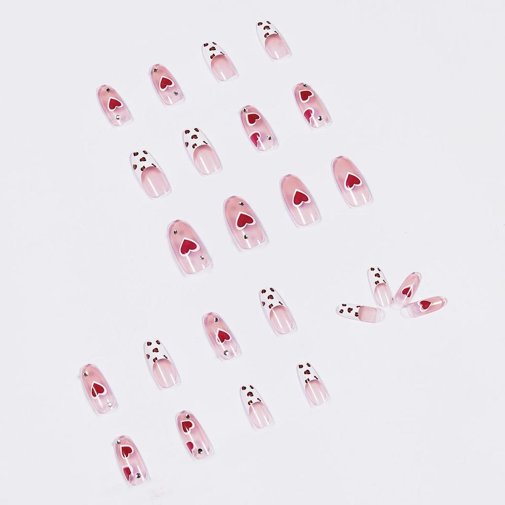 Ice-Transparent Nude Cow Print Love Heart False Nails - Waterproof, Removable, and Ready-to-Wear Nail Art Stickers.