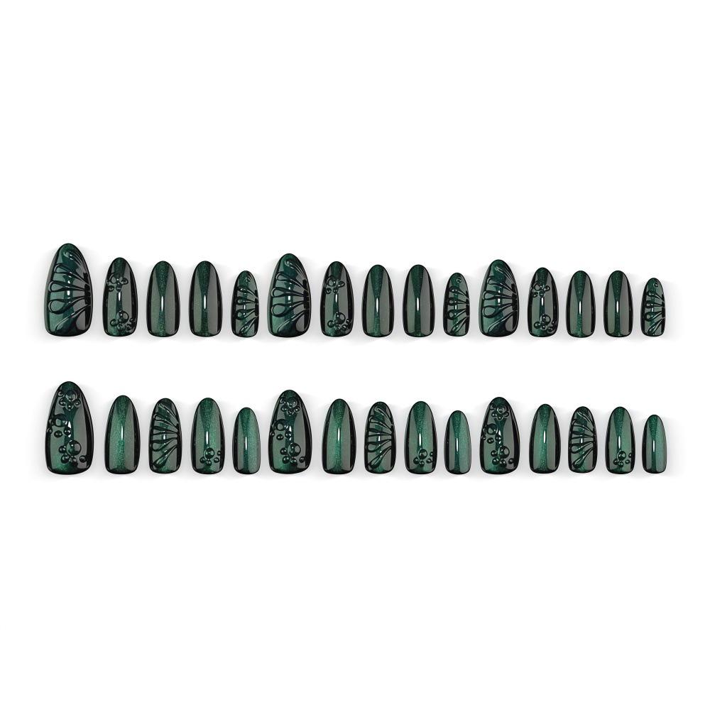 3D Epoxy Black & Green Gradient Cat Eye Removable Wearable Fake Nails Kit (30 Pieces)