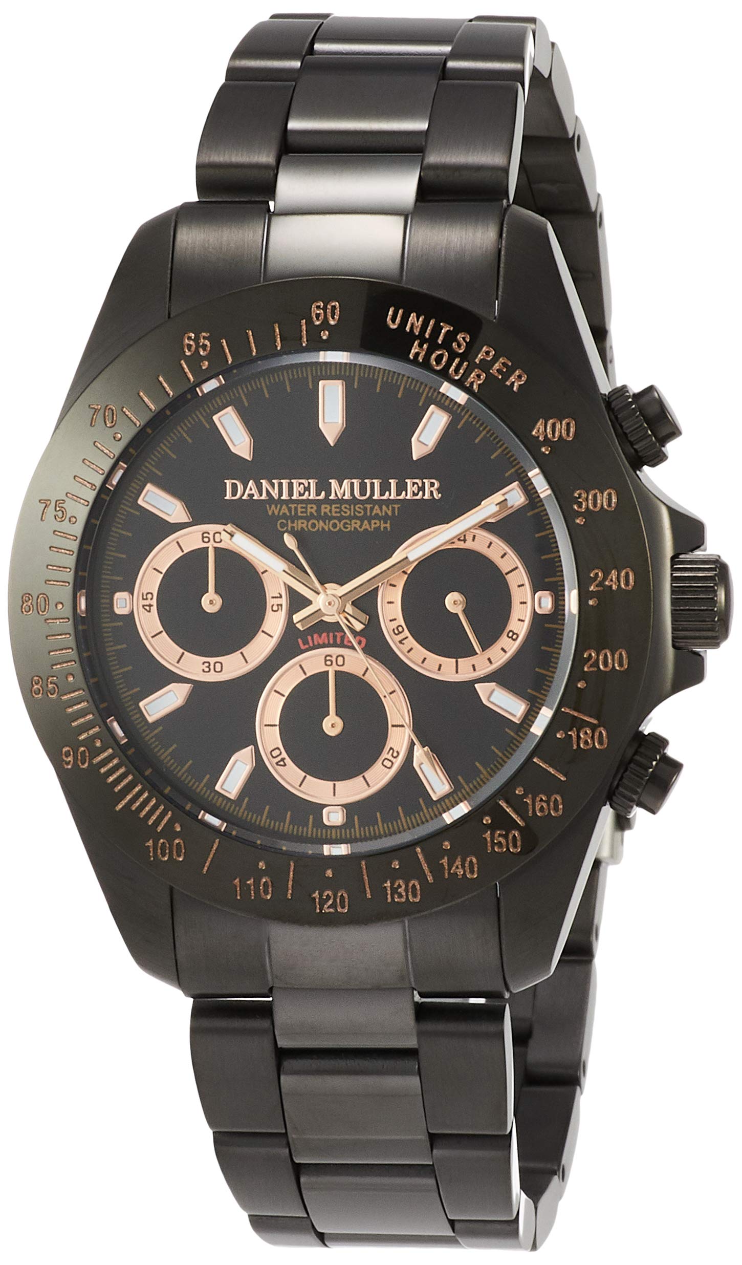 

Daniel Muller Men s All-Stainless Steel Black Dial Chronograph Watch, DM-2027BKP, Black and Pink Gold