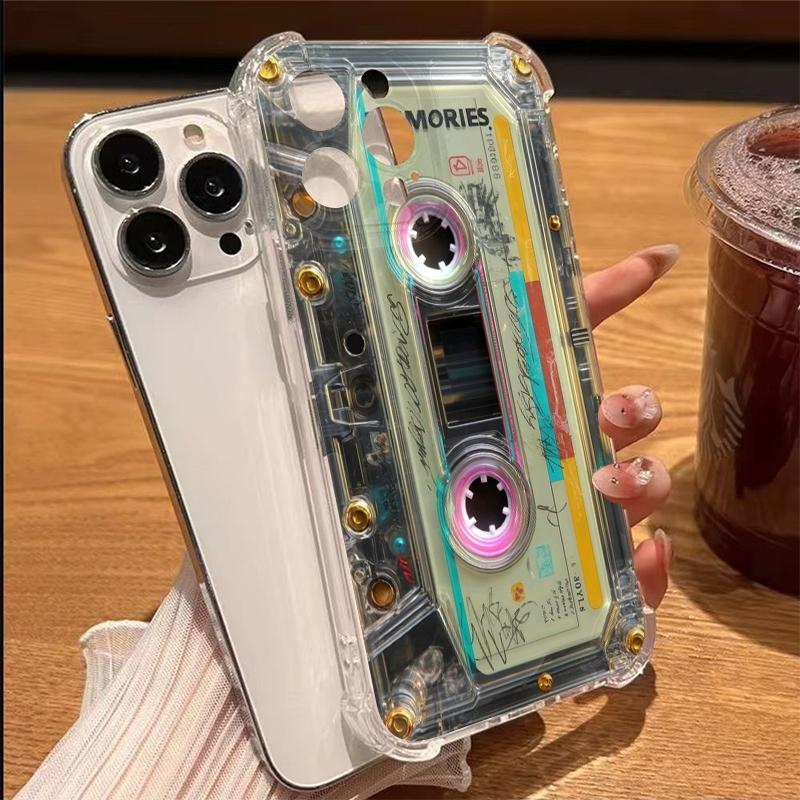 

Nostalgic Cassette Tape Pattern Transparent Phone Case For iPhone 11 17 13 12 14 15 16 Pro Max XS XR14 Plus 16E 17E Soft Cover iPhone 16 Pro
