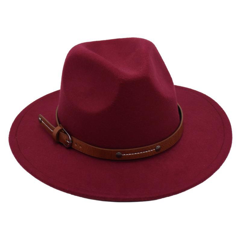 Big Edge Top Hat Belt Buckle Jazz Hat Men'S And Women'S Felt Hat Street Shooting Gambler Hat Concave Fedora Hat Tide