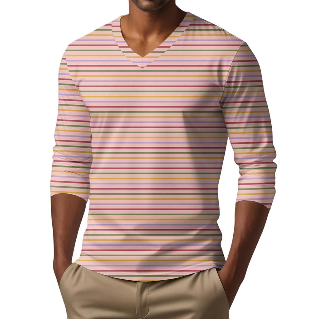 Men's V-neck Casual Fashion Printed Long-sleeved T-shirt Top