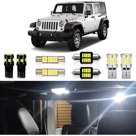 White LED Bulbs Package Kit Compatible with 2007 2008 2009 2010 2011 2012 2013 2014 2015 2016 2017 Jeep Wrangler JK 2-Door Interior Light + License