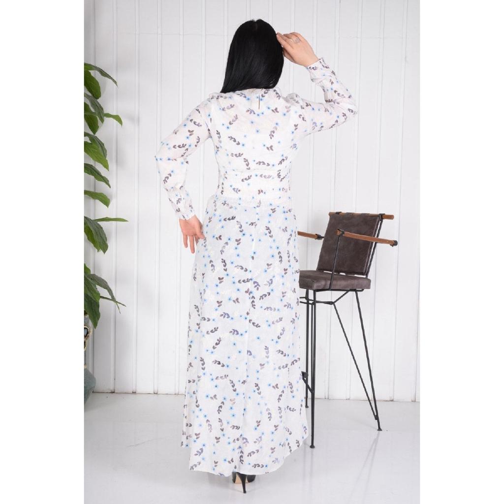 Long Hijab Elastic Waist And Embroidered Dress / Blue Flower Embroidery (brode) Slim Fit Buy A Larger Size