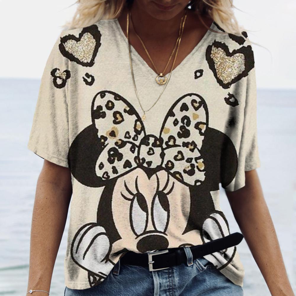 Casual Loose Top V-neck Versatile Short Sleeve Fashion Print T-Shirts Women’s
