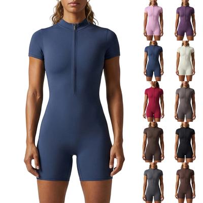 Damen Kurzarm Reißverschluss Vorne Body Stretchy Sportlicher Strampler Figurbetonter Jumpsuit für Sport Yoga Laufen