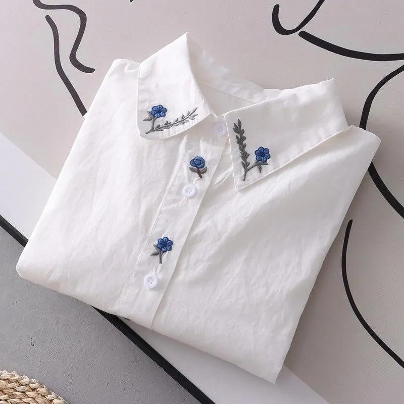 Spring Autumn Pure Cotton White Shirts Women Turn Down Collar Embroidered Long Sleeve Casual Tops Little Blue Flower