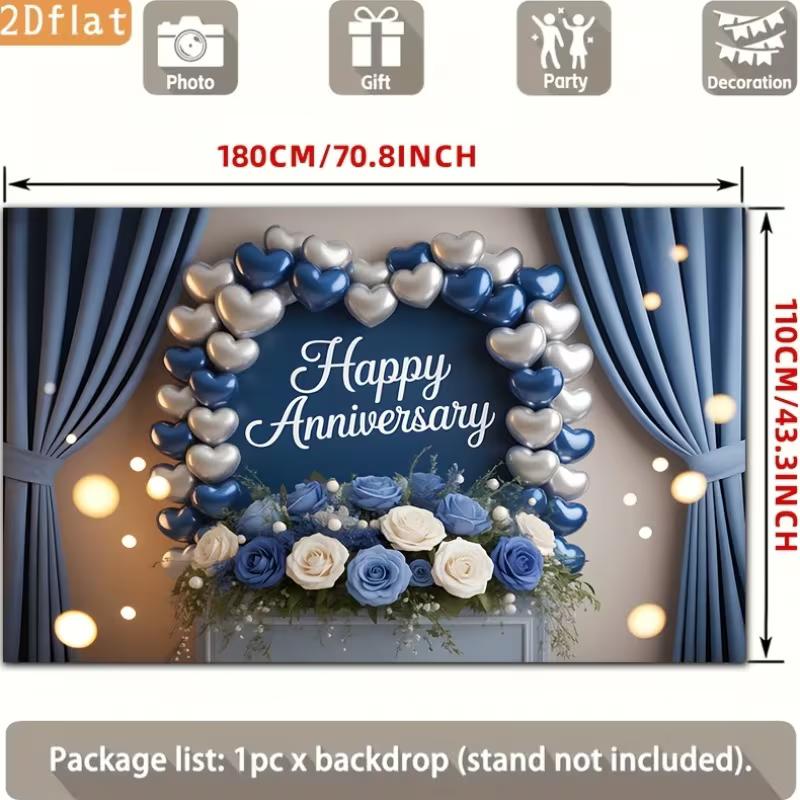 2D Wedding Anniversary Photography Background, Elegant Blue & White Flower Decor