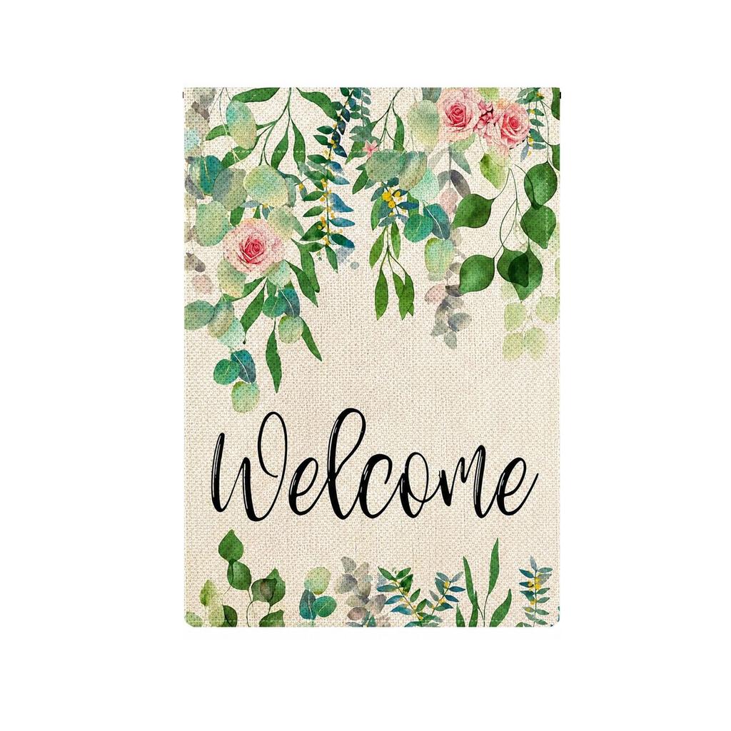 Wedding Theme Linen Garden Flag, Floral Welcome Yard Flag for Porch, Patio and Wedding Decor