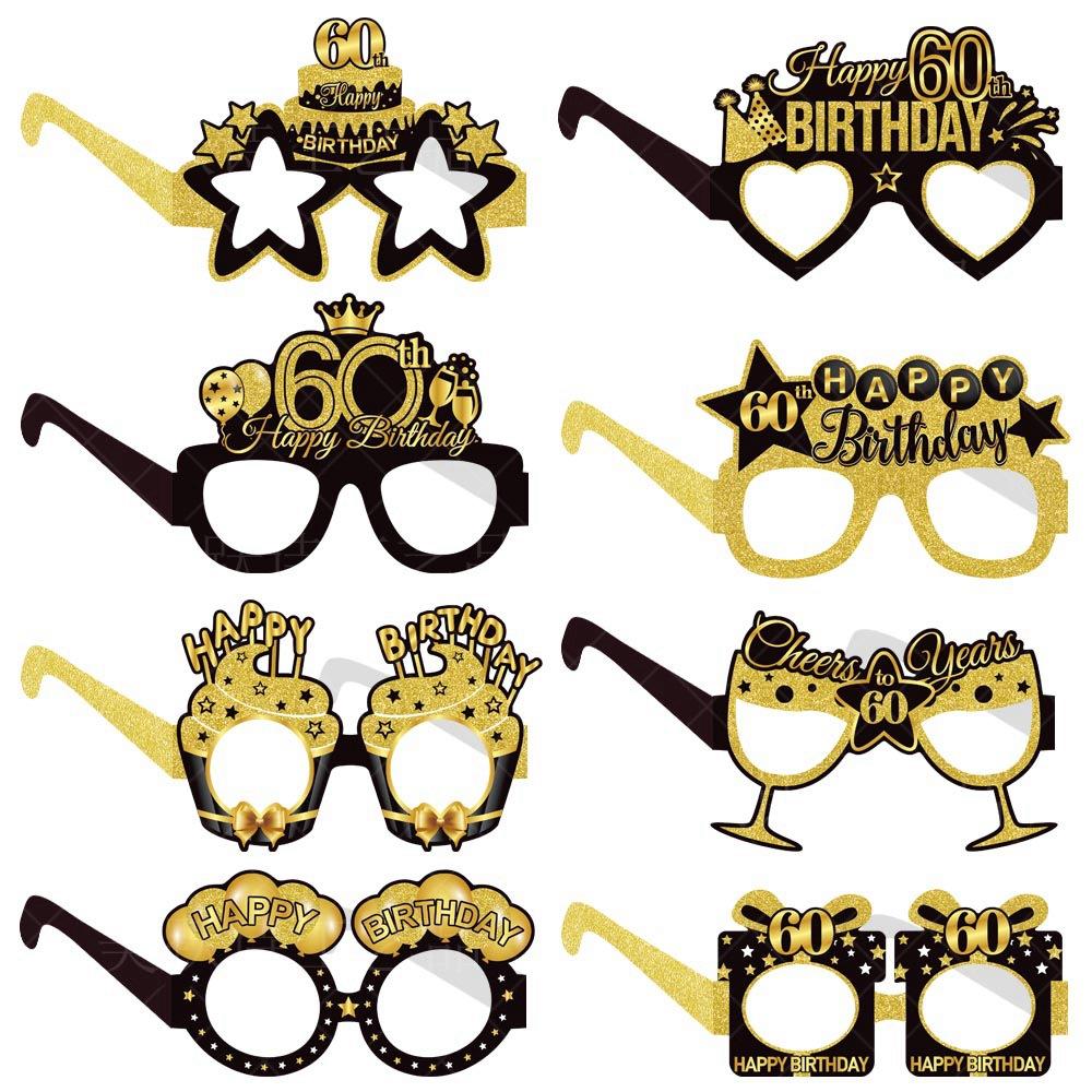 16pcs Amazon's New Product Birthday Party Decoration Paper Glasses - Black and Gold 18-year-old and 60-year-old Birthday Photo Props Glasses