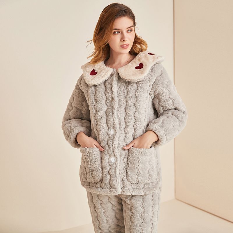 

Heart Embroider Cute Pajamas Female Winter Thickened Three-Layer Quilted Super Thick Coral Fleece Homewear Suit Two-piece Set Female Grey XL